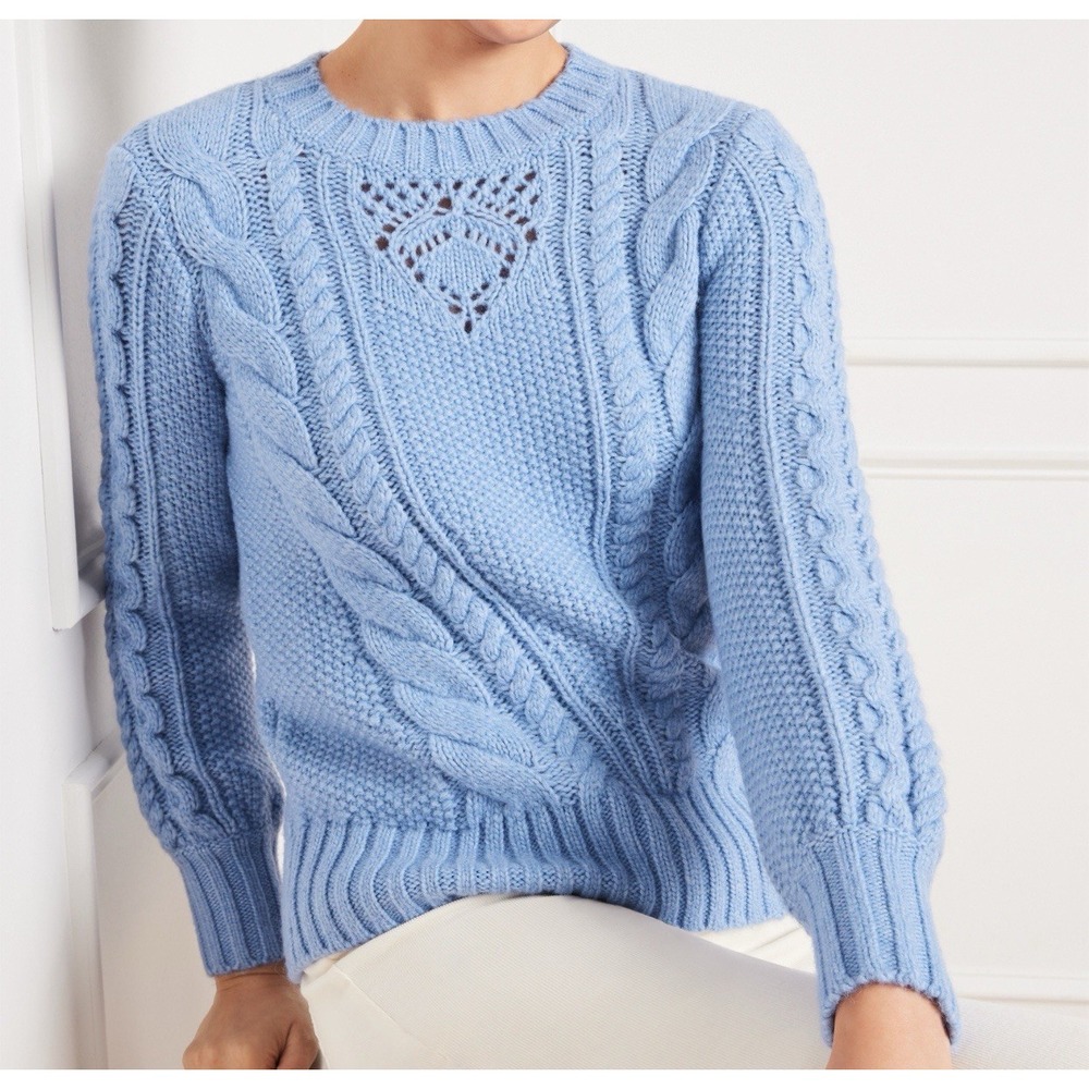 Talbots Balloon Sleeve Cable Knit Sweater Women Sz L Blue Wool Blend Crew Neck - Picture 1 of 11